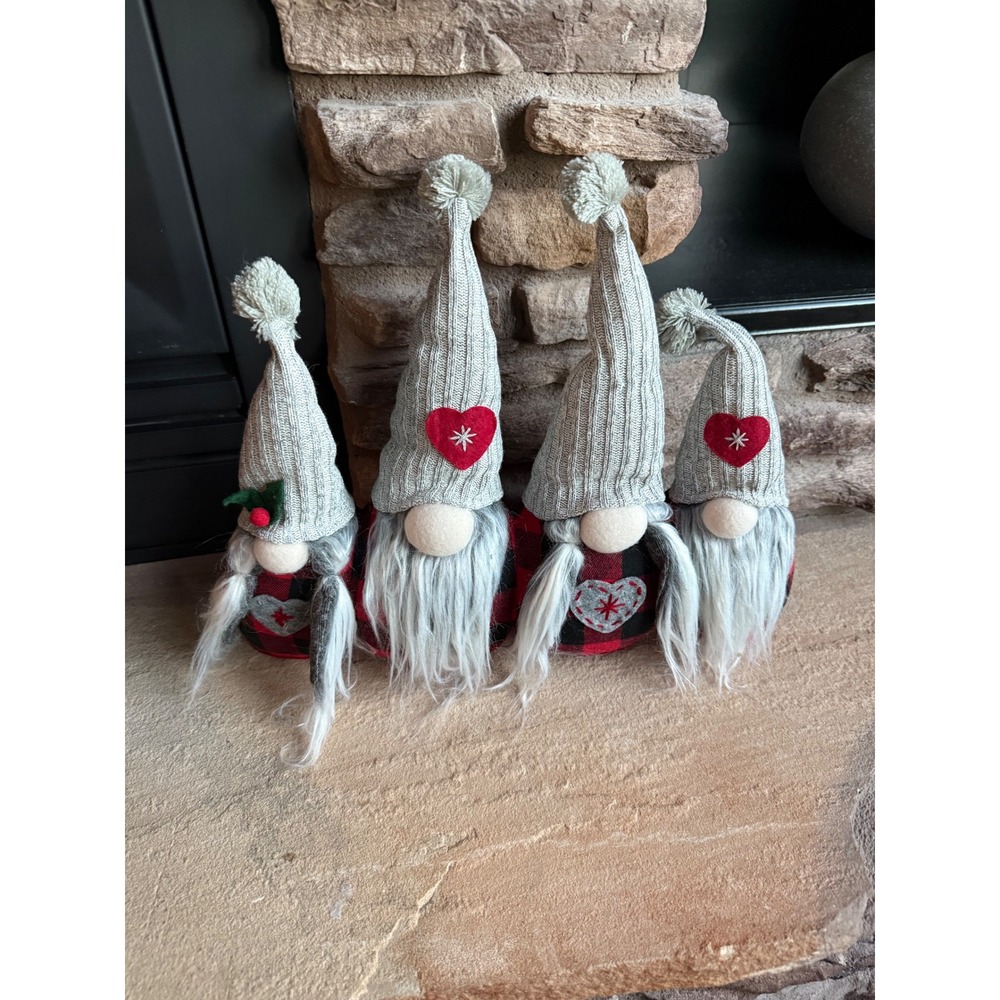 Set of 4 Buffalo Plaid Gnomes Holiday Decor Cable knit hat weighted Shelf Sitter